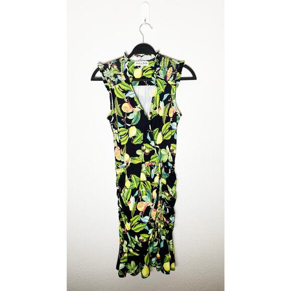 Hale Bob Women's Faux Wrap Ruched Smocked Shoulder Bodycon Mini Dress Tassle Tie - Picture 5 of 12